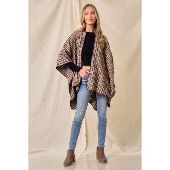 Mocha Brown Houndstooth Knit Shawl Open Poncho Wrap Casual Fall Winter One Size - Picture 5 of 6